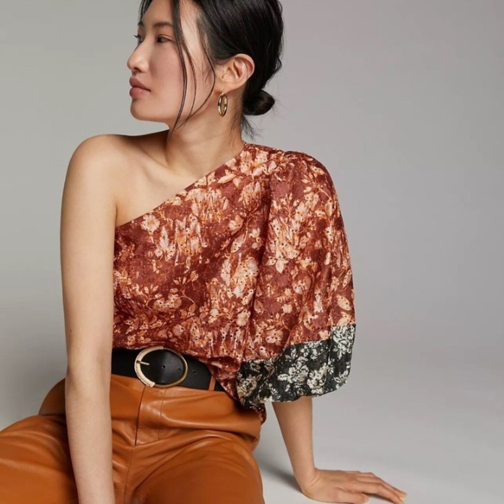 Sachin + Babi Floral One-Shoulder Blouse - Brown and Black